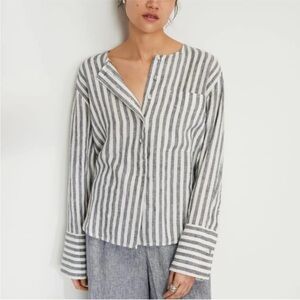 Everlane The Popover Navy Striped Linen Shirt 8 / M